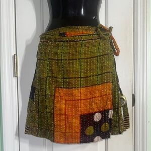 Renew Vintage Bohemian Patchwork Kantha Cotton Wrap Mini Skirt Size Medium